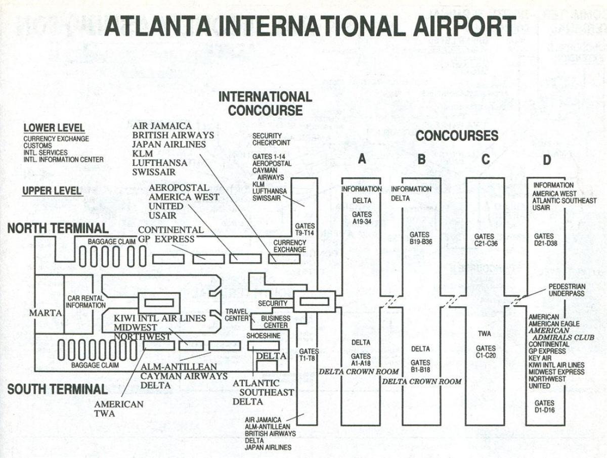अटलांटा हवाई अड्डे के अंतरराष्ट्रीय टर्मिनल का नक्शा